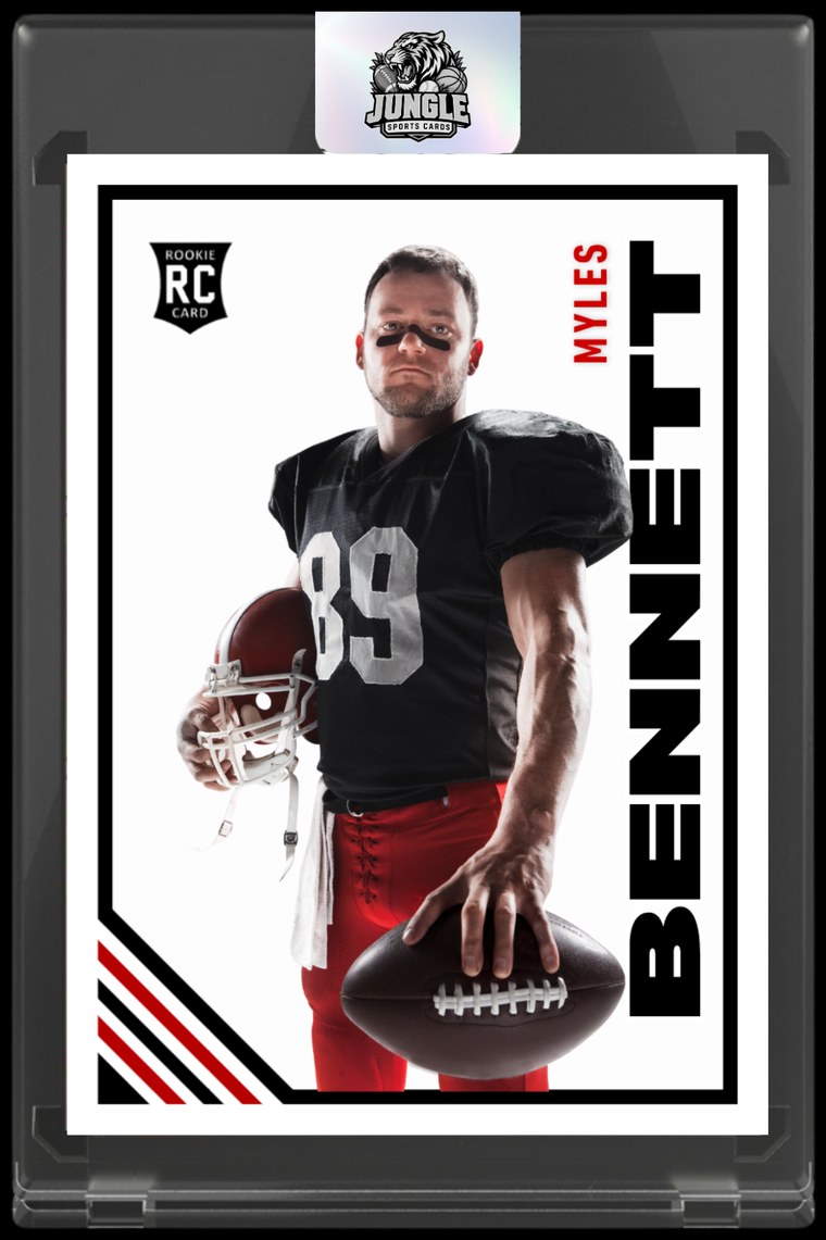 Front of a custom football card for Myles Bennett, sealed in a Jungle Sports Cards acrylic case